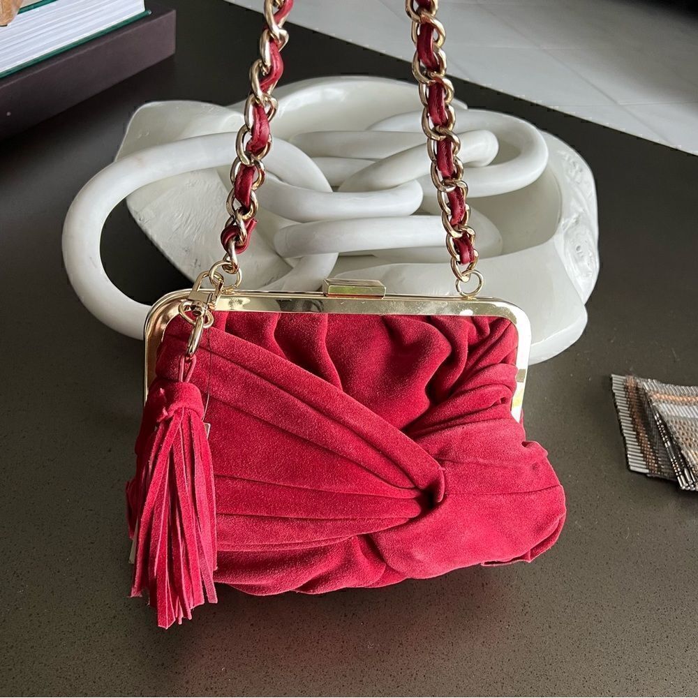 ADRIENNE VITTADINI Red Burgundy Suede Knotted Tassel Shoulder Bag.